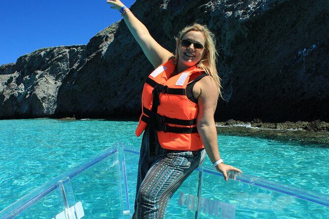 Tour to Arch in the only Clear Boat in Cabo Cruise Hotel PICKUP! - Pelican Rock: the wildlife stop that actually makes the clear boat pay off